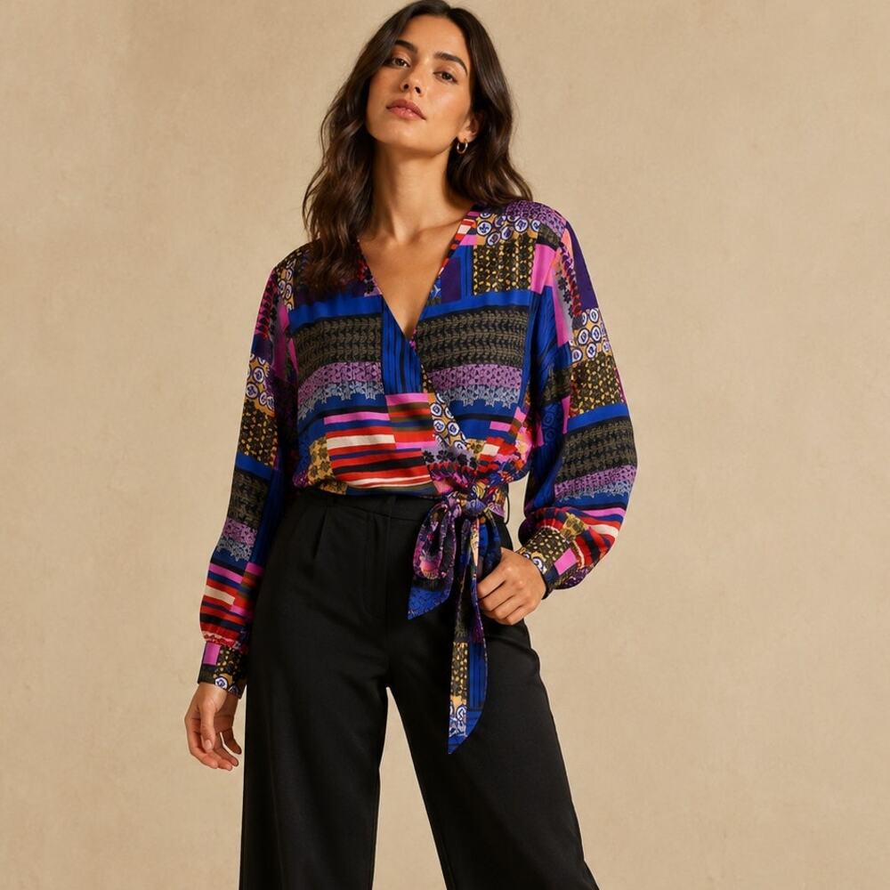 Peyton Jensen Cora Patchwork Wrap Tie Front Blouse Size L